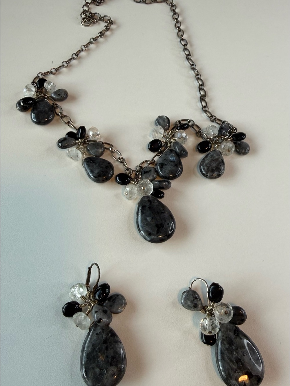 Statement Gray and Black Stone Teardrop Necklace & Earring Set